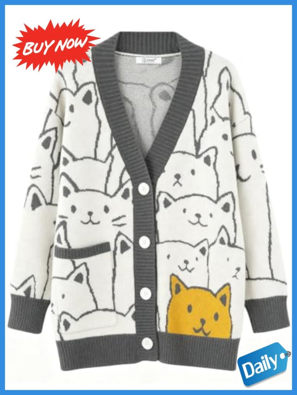 Kawaii Cat Print Oversized Chunky Knit Cardigan Button Down Sweater